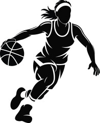 Female basketball player dribbling with ball dynamic pose on transparent background silhouette