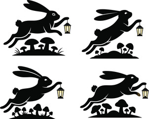 Silhouette rabbits with glowing lanterns, jumping over mushrooms and grass, whimsical forest scene, fantasy illustration, night nature art, folklore theme