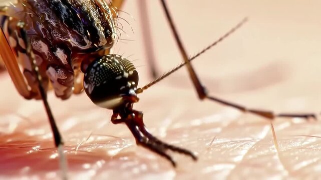 High definition macro video of a mosquito proboscis penetrating human skin to extract blood Detailed close-up of the insect feeding process and potential diseas