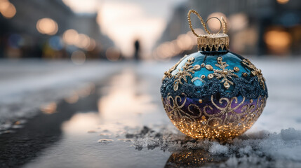 Single Christmas ornament rests on snow as it reflects a quiet winter scene in a city at dusk