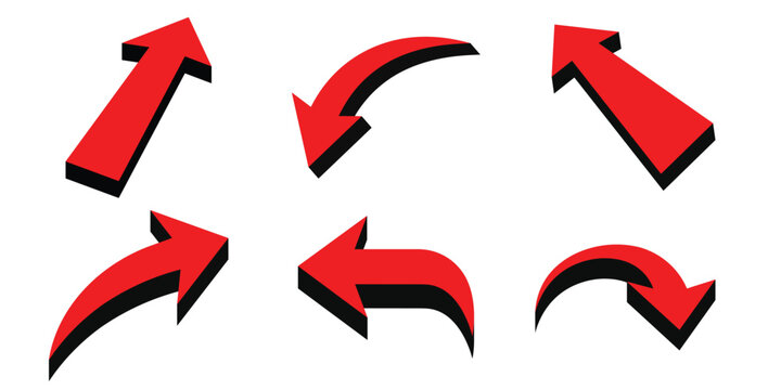 Set of six red arrows with black shadows on a white background. Each arrow points in different directions, symbolizing navigation, movement, and direction in a bold, minimalist vector style.
