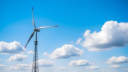 Wind turbine under blue sky and white clouds