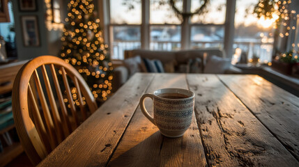 Warm cup of hot cocoa on a wooden table surrounded by Christmas lights during the cozy winter evening