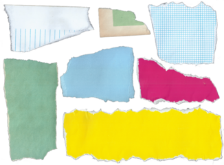 Torn Paper Collection with Mixed Colors, Textures, and Patterns on Transparent Background