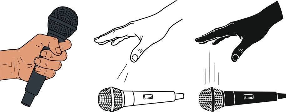 Illustrations showing a hand holding and dropping a microphone item
