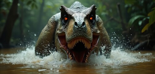 Large dinosaur Tyrannosaurus Rex emerges from jungle river water, creating big splashes. Shows sharp teeth, glowing red eyes, massive jaw. Ancient predator hunts in wild tropical forest wetland,