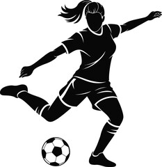 Dynamic female soccer player in action pose on transparent background silhouette