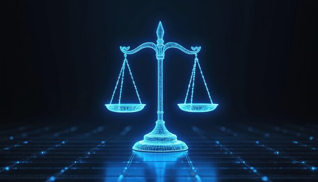 Futuristic digital scales of justice in neon blue glow on dark background. Wireframe graphic represents law, balance, and judgment in modern tech world. Concept for legal system. - Powered by Adobe
