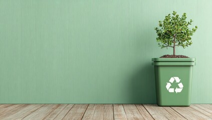 Green wall, small tree in a green bin