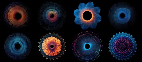 Abstract circular designs with vibrant colors and intricate patterns