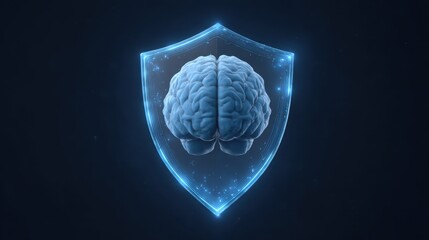 Digital Shield Concept Protecting Human Brain with Abstract Blue Glow, Symbolizing Intelligence, Security, and Technology Innovation