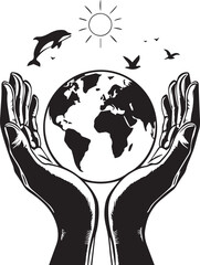 Earth care illustration — black and white stylized hands holding globe with sun, dolphin, and birds symbolizing unity and nature
