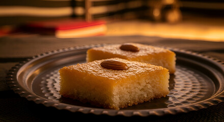 Delectable Almond-Topped Dessert Slices on a Detailed Plate with Warm Lighting