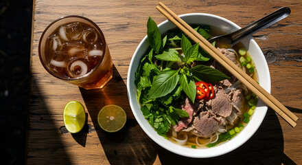 Delectable And Fresh Pho Soup Bowl, Accompanied By Beverage And Citrus Fruit