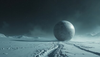 Fototapeta premium Huge textured sphere rolls on barren snowy plain under dark starry sky, leaving deep tracks. Cold alien planet landscape, atmospheric sci-fi scene, minimalist concept art.
