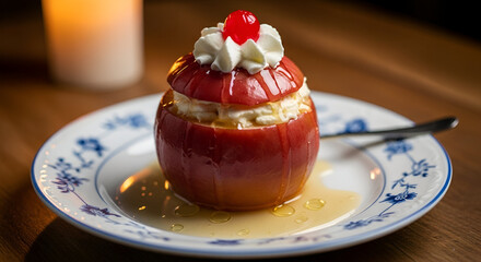 Delectable Apple Dessert Garnished With Cream and Cherry On A Decorative Plate