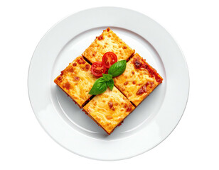 Four squares of a cheesy baked dish on a white plate