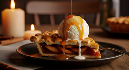 Delectable Apple Pie Slice Adorned with Vanilla Ice Cream and Caramel Drizzle