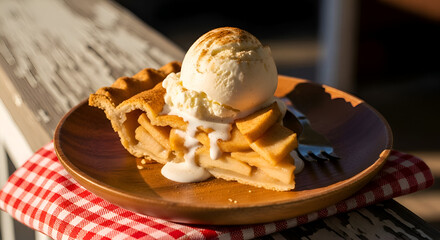 Delectable Apple Pie Served With Vanilla Ice Cream On Wooden Plate And Rustic Background