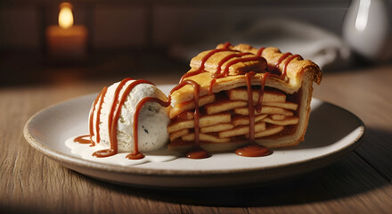 Delectable Apple Pie Slice Served With Ice Cream And Caramel Sauce On A Plate