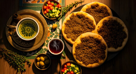 Delectable Arab Cuisine Featuring Savory Food Accompanied by Refreshing Beverages