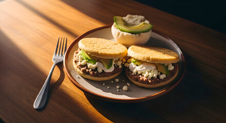 Delectable Arepas With Creamy Avocado And Cheese Presented Alongside A Pristine Fork