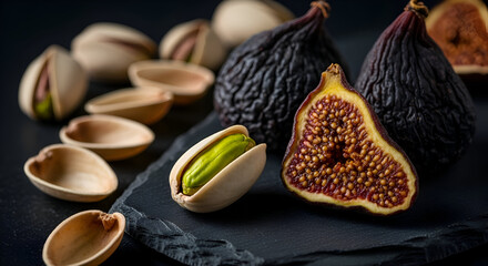 Delectable Arrangement of Figs and Pistachios on a Modern Dark Surface