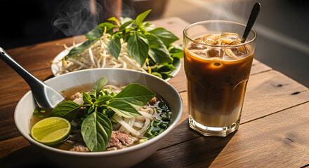 Delectable Arrangement Of Pho With Accompaniments And Chilled Coffee On Wooden Surface