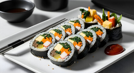 Delectable Array Of Korean Sushi Rolls, Featuring Fresh Ingredients, Presented Beautifully