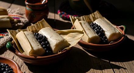 Delectable Artisanal Tamales, Served With Black Beans, Rustic Culinary Presentation