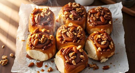 Delectable Artisan Cinnamon Rolls Drizzled With Caramel and Loaded With Nuts