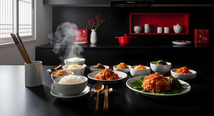Delectable Asian Cuisine Displayed, Showing Warm, Fresh-Made Dishes Ready to Serve