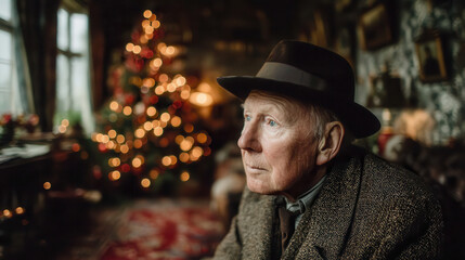 Lonely elderly man sitting quietly by a softly lit Christmas tree in a cozy room during the holiday season