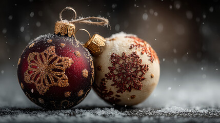 Holidays bring warmth through glowing red and gold ornaments in a winter wonderland scene