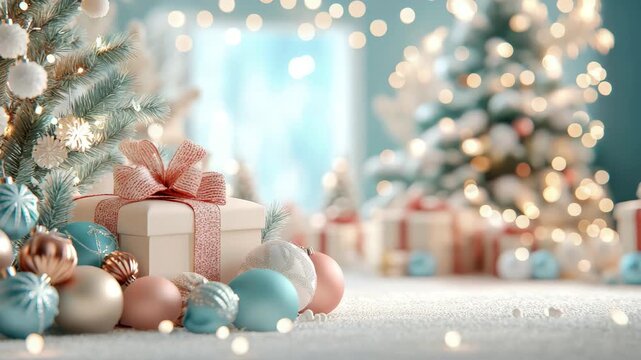 Softly glowing holiday celebration setting featuring beautifully wrapped present and delicate ornaments in serene hues by adorned evergreen