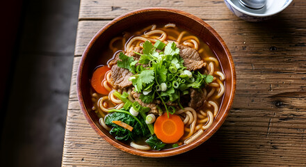 Delectable Asian Noodle Culinary Creation Garnished With Fresh Herbs Served On a Rustic Table