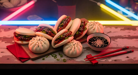 Delectable Asian Street Food Feast Displayed with Modern Neon Lighting Ambience