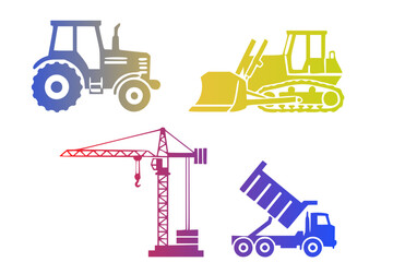 Silhouettes of four construction and agricultural vehicles on a white background include a blue tractor