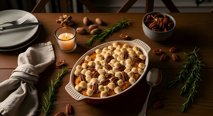 Delectable Autumn Feast With Sweet Potatoes, Marshmallows, And Pecans On A Wooden Table