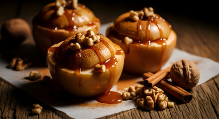 Delectable Baked Apples Garnished With Walnuts, Caramel, Cinnamon on Display, Close Up