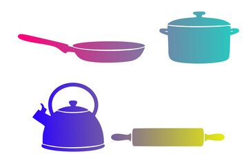 Silhouettes of kitchen utensils are featured against a white background. The set includes a frying pan