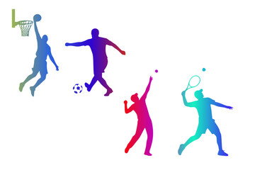 Silhouettes of athletes in various sports: a basketball player dunking, a soccer player kicking a ball