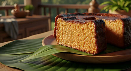 Delectable Baked Cake Slice on Green Leaf, Wooden Plate, Culinary Delight Background