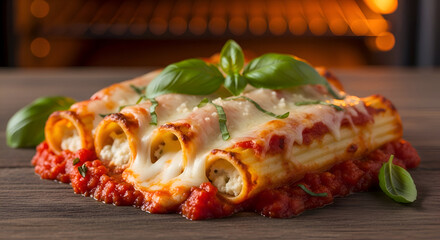 Delectable Baked Cannelloni Pasta Dish Garnished With Fresh Basil Leaves Close Up
