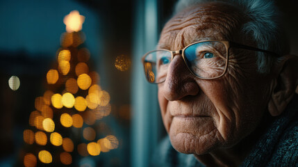 Lonely Christmas for an elderly man reflecting by a warmly lit Christmas tree