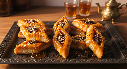 Delectable Baked Goods Displayed On A Decorative Tray Beside Drinks Ready To Be Savored