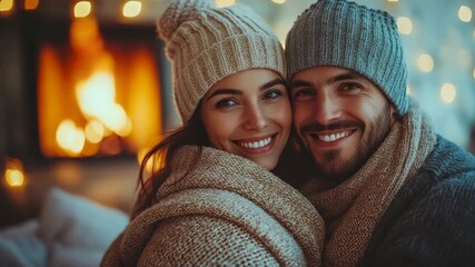 Joyful couple embraces in warm winter attire, illuminated by comforting glow of hearth and soft ambient illumination
