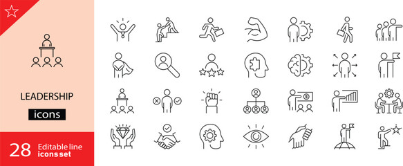 Fototapeta premium Leadership icons set. Includes symbols of guidance, teamwork, vision, decision-making, and strategic management. Editable stroke. Vector illustration. Outline icons. Perfect for business. 