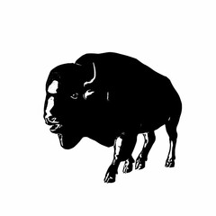 Black and white silhouette of a strong bison standing proudly in side view, symbolizing strength and wilderness in minimalist vector art.