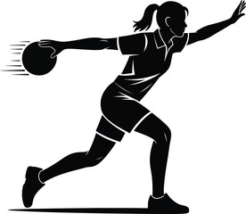 Woman bowling with a ball in motion dynamic pose on transparent background silhouette